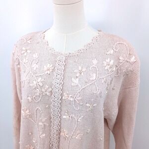 Vintage Emerald Isle Deadstock Beaded Floral Sweater‎ Ribbon Embroidery Cottage
